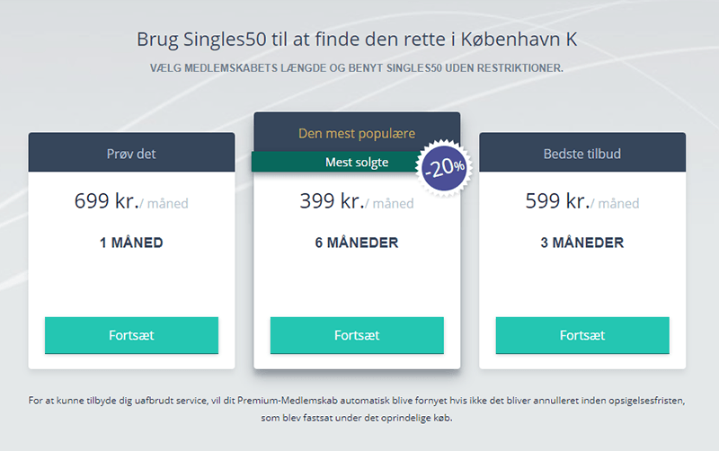 Singles50 tilbyder tre forskellige abonnementer